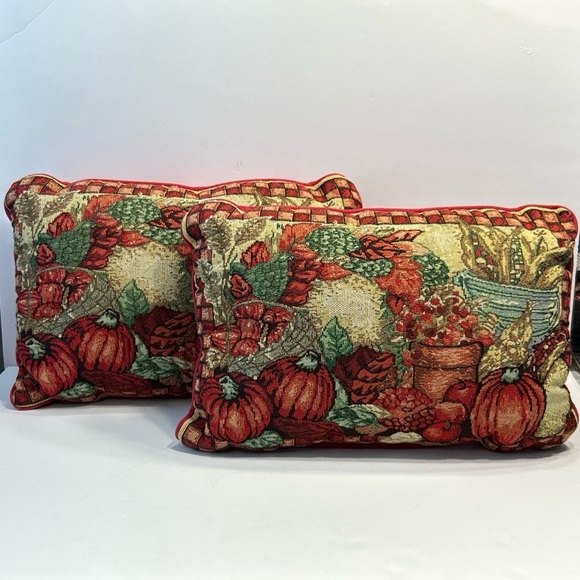Set Of 2 Fall Autumn Thanksgiving Tapestry Throw Accent Pillows Pumpkins - Picture 1 of 9